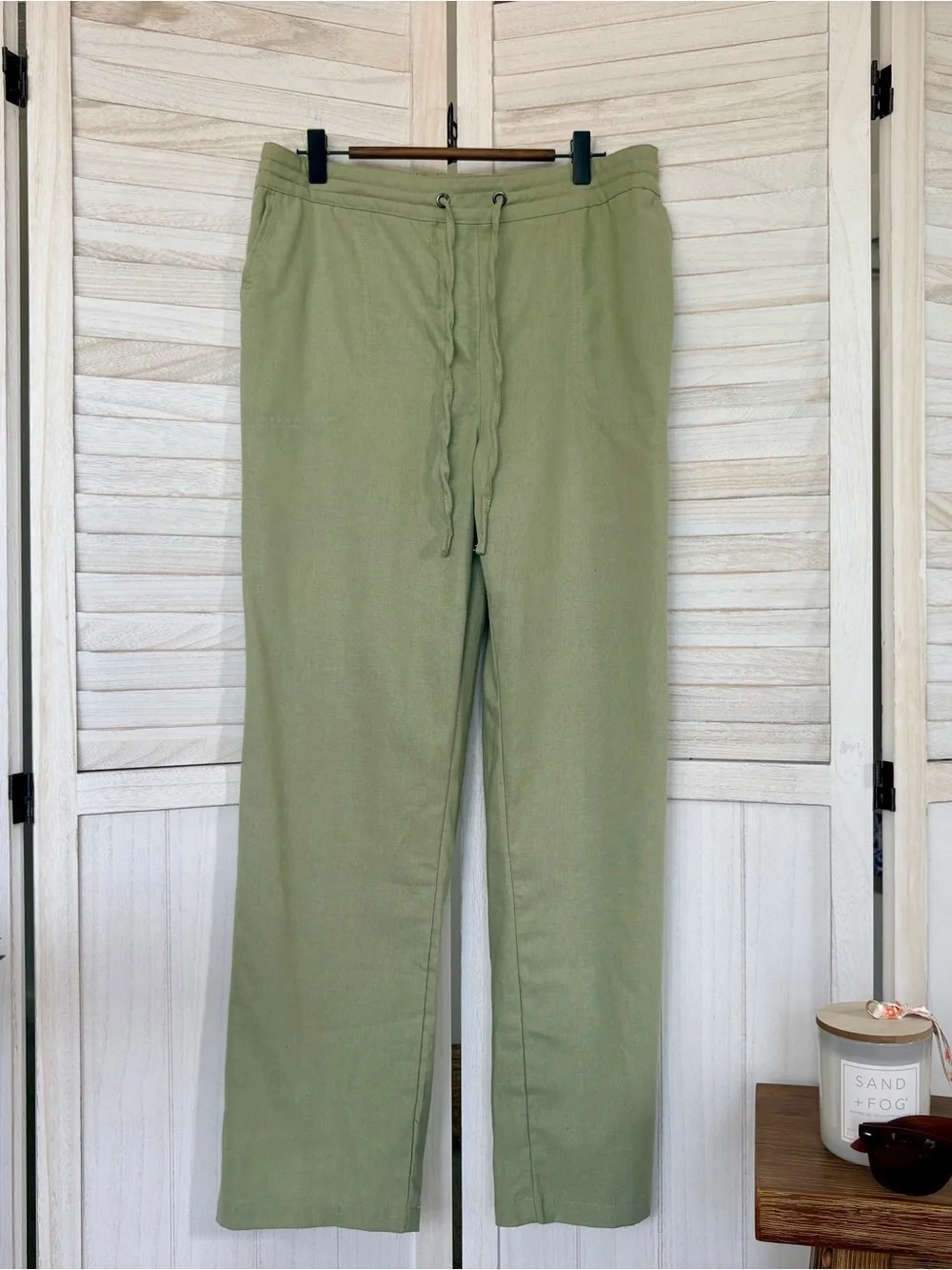 Alex & Jordan Linen Blend Wide Leg Pants Sage Green Medium Coastal Casual